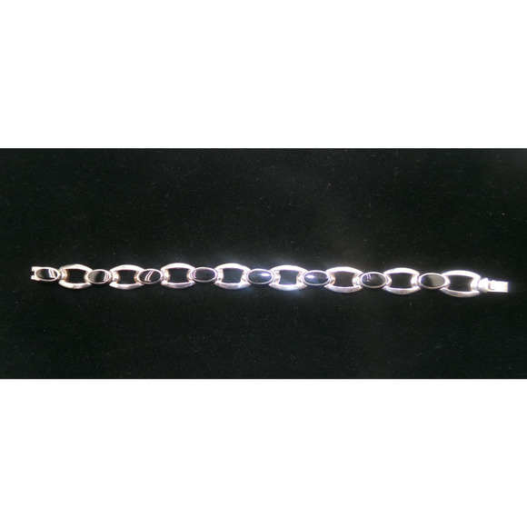 VINTAGE STERLING SILVER & ONYX BRACELET Oval Link Chain link clasp closure - Picture 2 of 16